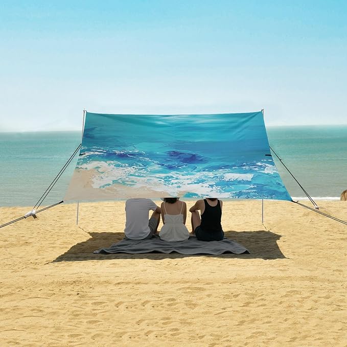 xigua Waves Beach Tent Sun Shelter with Carrying Bag - Silver Coated Oxford Fabric Beach Canopy for Beach Camping Fishing - Includes Windproof Ropes Sandbags &amp Stakes
