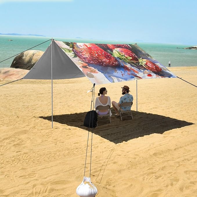 ALAZA Strawberry Watercolour Beach Tent Sun Shelter UPF50+ Protection Beach Shade Canopy w/ 4 Sandbags for Outdoor Camping Fishing Backyard Fun Picnic 10x9 ft