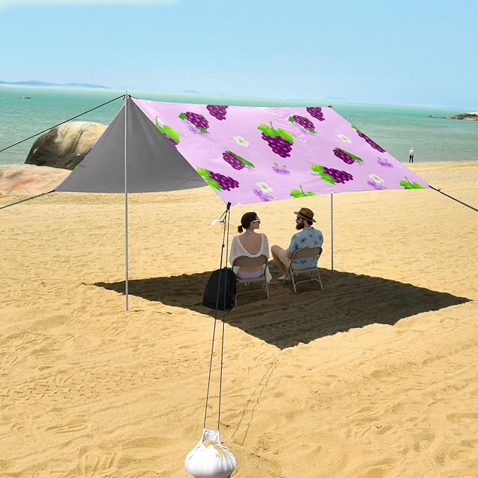 xigua Grape Beach Tent Sun Shelter with Carrying Bag - Silver Coated Oxford Fabric Beach Canopy for Beach Camping Fishing - Includes Windproof Ropes Sandbags &amp Stakes