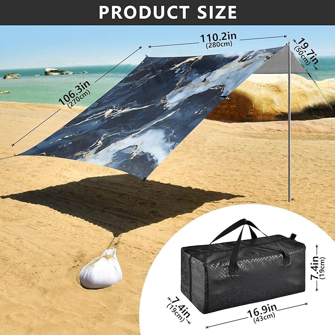 ALAZA Dark Blue Marble Beach Tent Sun Shelter Portable Canopy Sunshade for Outdoor Camping Picnics Backyard Fun 10x9 ft