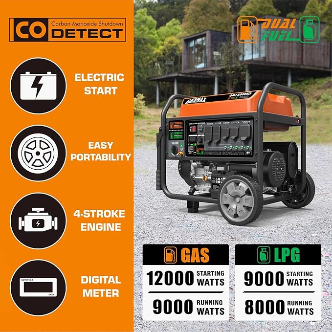 GENMAX Dual Fuel Portable GeneratorGM12000ED Gas or Propane Powered Electric Start-Home Back Up EPA Compliant