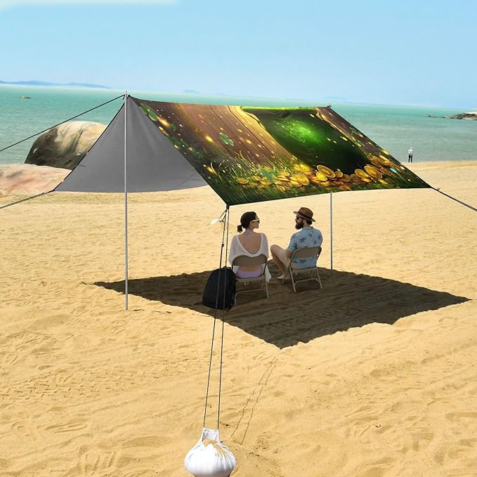 xigua St. Patrick's Day Beach Tent Sun Shelter with Carrying Bag - Silver Coated Oxford Fabric Beach Canopy for Beach Camping Fishing - Includes Windproof Ropes Sandbags &amp Stakes