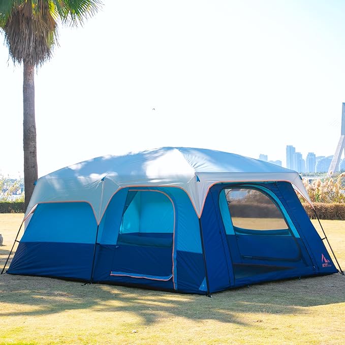 KTT Extra Large Tent 6-10-12-14 Person(A)Family Cabin Tents2 Rooms3 Doors and 3 Windows with MeshStraight WallWaterproofDouble LayerBig Tent for OutdoorPicnicCampingFamily Gathering