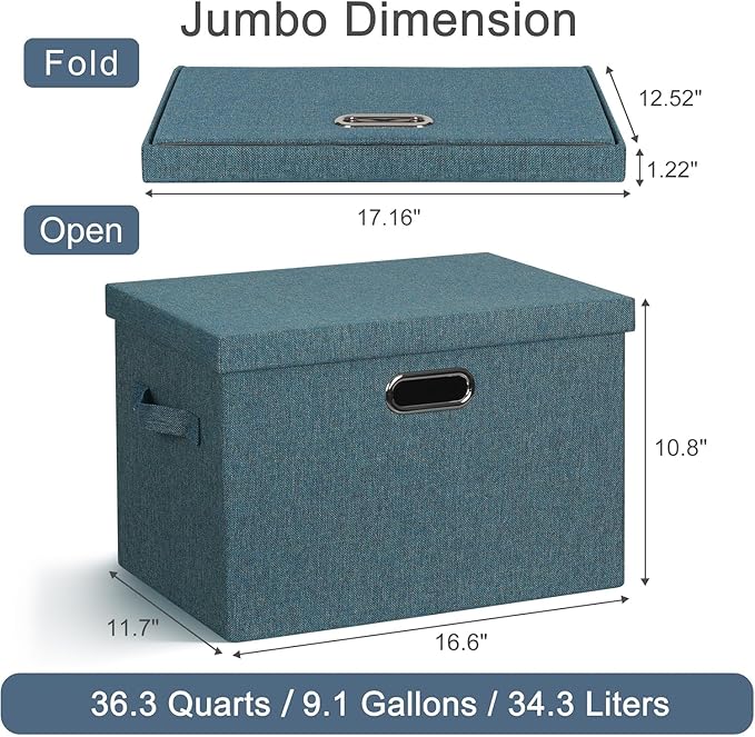 Graciadeco Large 17 36 Quart Collapsible Stackable Storage Bins with Lids 3 Packs Blue-Green Linen Fabric Closet Boxes with Lids Storage Cube Baskets Container Organizers for Bedroom (17x12x11)