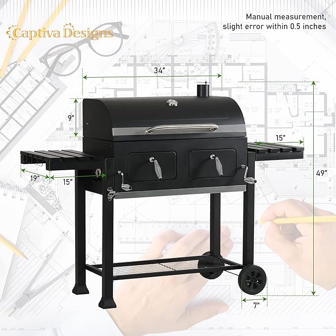 Captiva Designs Extra Large Charcoal BBQ Grill with Oversize Cooking Area(794 SQIN) Outdoor Cooking Grill with 2 Individual Lifting Charcoal Trays and 2 Foldable Side Tables