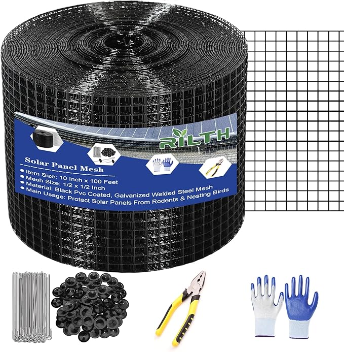 10in X 100ft Critter Guard for Solar Panels 1/2inch PVC Coated Solar Panel Guard Critter Guard Roll Kit for Solar Panel Wire Mesh Black Pigeon Barrier with 120pcs Fasteners Cutting Scissor Gloves