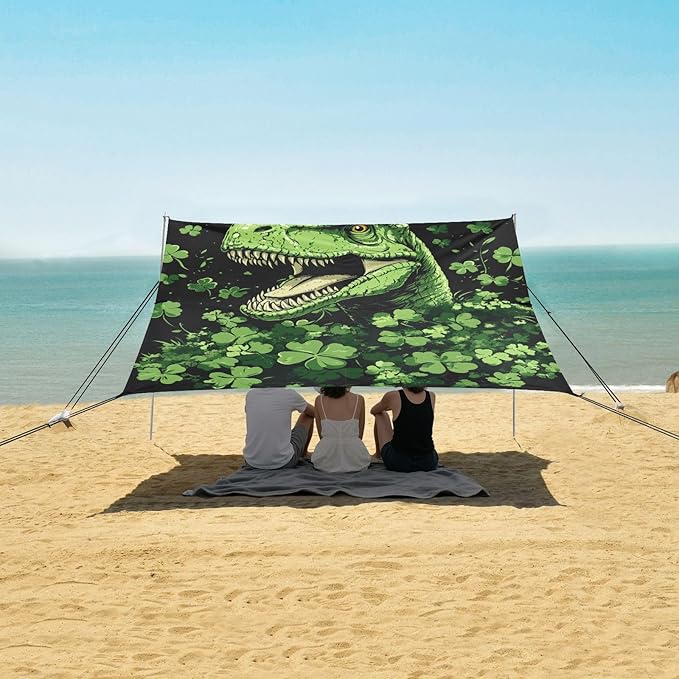 ALAZA Happy St. Patrick's Day Dinosaur Shamrock Beach Tent Sun Shelter Portable Canopy Sunshade for Outdoor Camping Picnics Backyard Fun 10x9 ft
