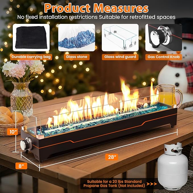 GRISUN Tabletop Fire Pit28 Inch Propane Fire Pit Table45000 BTU Table Top Firepit with Glass Wind GuardStainless Steel BurnerFire GlassPortable Propane fire Pit for Patio Camping Backyard &amp