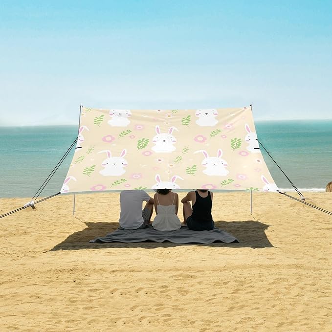 xigua Rabbit Beach Tent Sun Shelter with Carrying Bag - Silver Coated Oxford Fabric Beach Canopy for Beach Camping Fishing - Includes Windproof Ropes Sandbags &amp Stakes