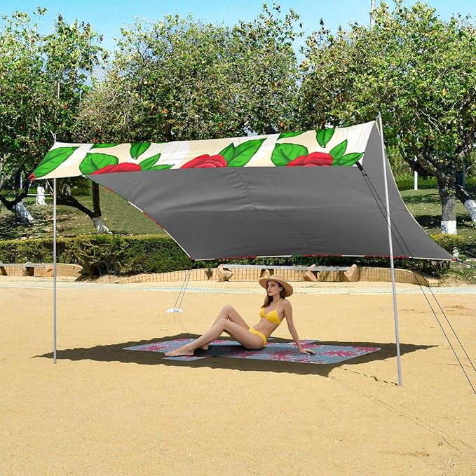 Beach Canopy with Windproof Ropes &amp Sandbags Beach Tent Sun Shade Sun Shelter for Camping Trips Fishing Backyard Fun or Picnics Rose