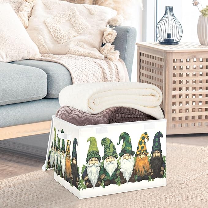 Christmas Storage Baskets with Lids Garden Gnomes Collapsible Bins Stackable Fabric Linen Baskets Closet Organizer Container 16.5x12.6x11.8