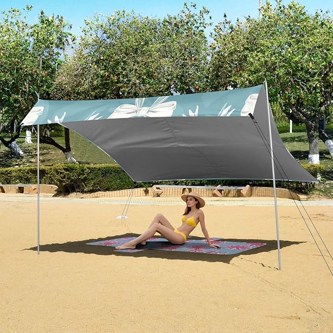 ALAZA White Bow Green Background Pattern Beach Tent Sun Shelter Portable Canopy Sunshade for Outdoor Camping Picnics Backyard Fun 10x9 ft