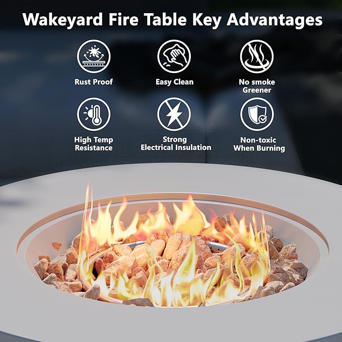 32 inch Round Propane Fire Table 50000 BTU Gas FirePit Patio Fire Pit Table with Steel Lid Rain Cover 10ft Propane Hose Lava Rocks Grey