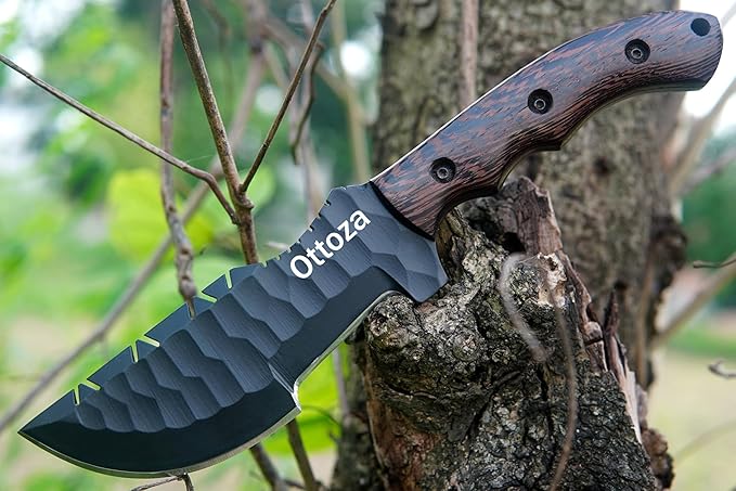 Ottoza 1095 Carbon Steel Tracker Knife with Horizontal Carry Leather Sheath – Full Tang Fixed Blade Survival Knife for Outdoors and Wenge Wood Handle 412