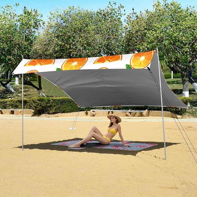 xigua Oranges Beach Tent Sun Shelter with Carrying Bag - Silver Coated Oxford Fabric Beach Canopy for Beach Camping Fishing - Includes Windproof Ropes Sandbags &amp Stakes
