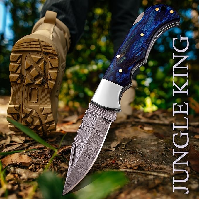Pocket Knife 2.92 Drop Point Damascus Steel Blade Folding Knife with Blue &amp Black Wood Handle Back Lock EDC Knives with for Men Women GK-751 (Blue)