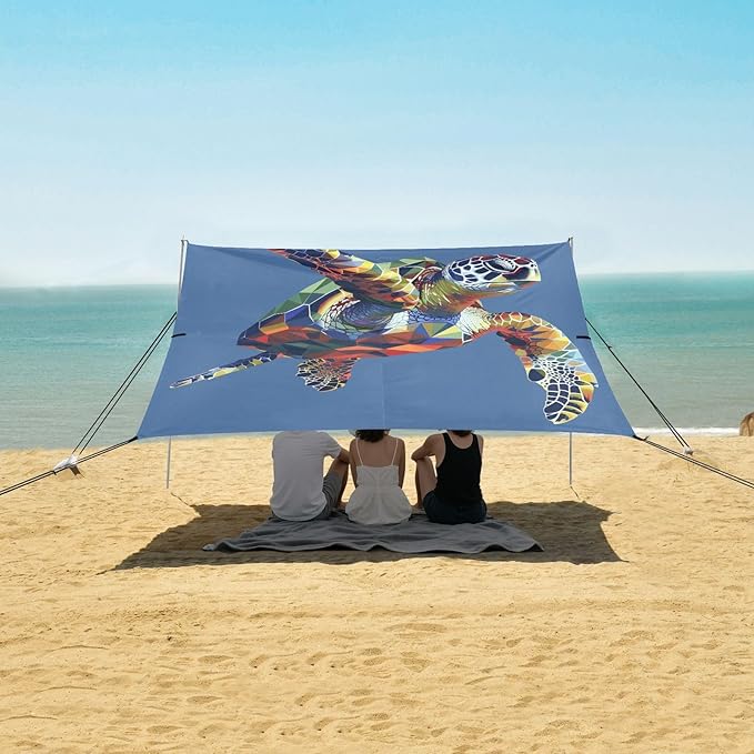 ALAZA Sea Turtle Geometric Beach Tent Sun Shelter UPF50+ Protection Beach Shade Canopy w/ 4 Sandbags for Outdoor Camping Fishing Backyard Fun Picnic 10x9 ft