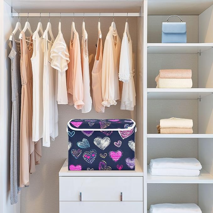 Cartoon Heart Storage Cube Bins Basket with Lid Collapsible Flip-top Fabric with Handle for Home Bedroom Closet Office 16.5×12.6×11.8 in