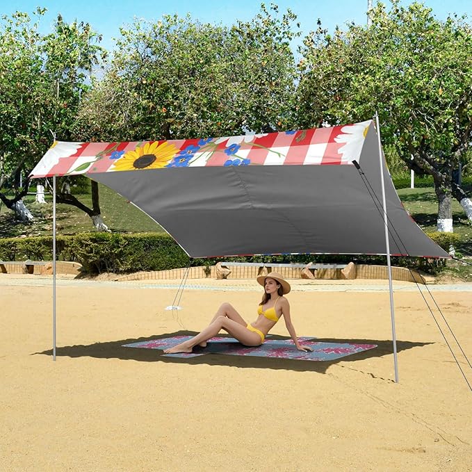 Beach Canopy with Windproof Ropes &amp Sandbags Beach Tent Sun Shade Sun Shelter for Camping Trips Fishing Backyard Fun or Picnics Floral