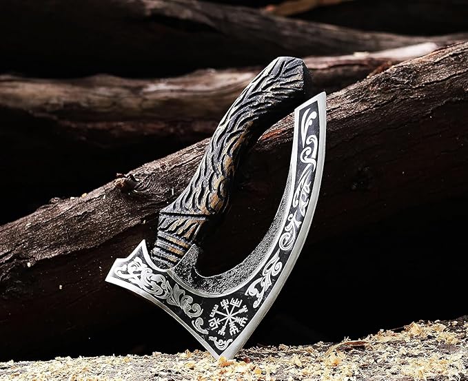 Viking Pizza Cutter Hand Forged Hatchet Mini Axe | Carbon Steel Slicer Chef Axe with Leather Sheath | Premium Pizza Oven Accessories for Camping Hunting &amp Gifts for Men (Vk Pizza Axe)