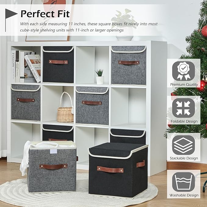 4PCS Storage Cubes with Lid Fabric Storage Bins Boxes PU Leather Handles Cotton Linen Closet Organizer Container Decorative Foldable Washable Shelf Cloth Basket (Flip-top Lid Gray 11in)
