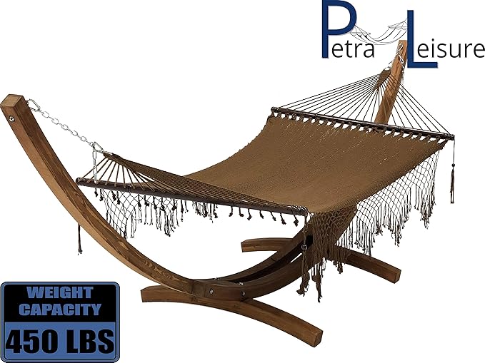 14 Ft. Wooden Arc Hammock Stand + Deluxe Hand Woven Bohemian Chic Rope Hammock Bed. 2 Person Bed. 450 LB Capacity(Teak Stain/Brown)
