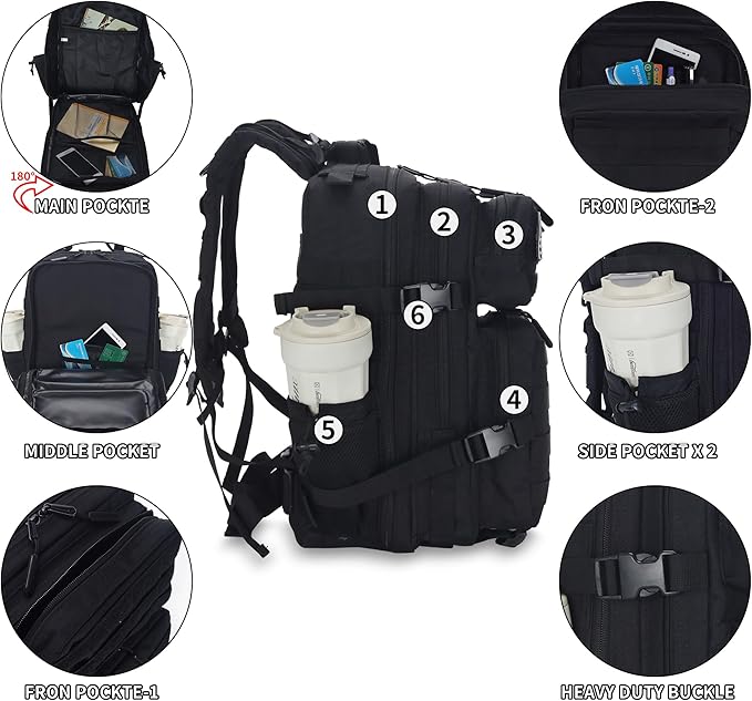 25L/45L Tactical Backpack Military Tactical Backpack Heavy Duty Molle Assault Pack for Work Gym Outdoors (1.0 25L-Black Small)