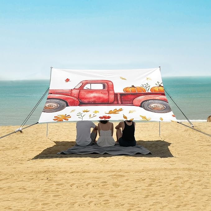 Autumn Truck Pumpkin Stable Beach Tent UPF50+ Water-Resistant Shade Sun Shelter Includes Sand Shovel Sandbags Stability Poles for Camping Picnics Backyard