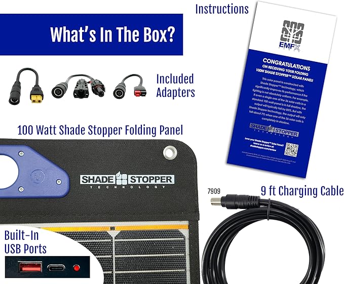 100 Watt Folding Portable Solar Panel- New Shade Stopper™ Tech: Output Doesn't Drop Like a Rock in Partial Shade