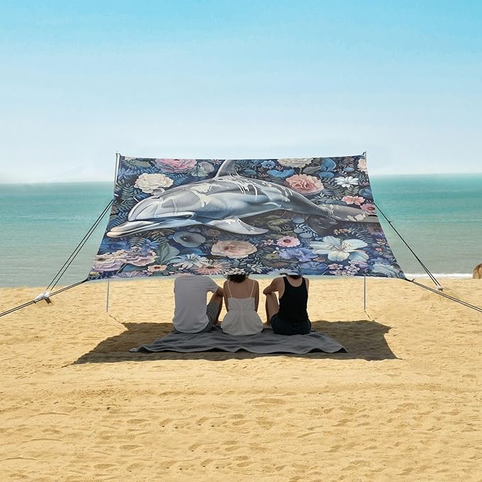 ALAZA Cute Dolphin Floral Beach Tent Sun Shelter Portable Canopy Sunshade for Outdoor Camping Picnics Backyard Fun 10x9 ft
