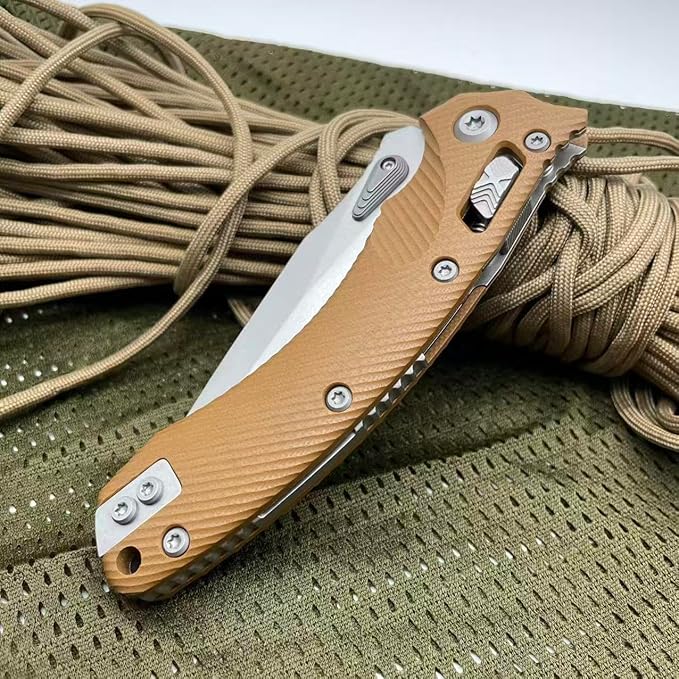 Outdoor Folding Pocket Knife with 3.9 M390 Stonewashed Blade Desert G10 Handle Crossbar-Lock Mechanism for Camping Hiking Survival EDC