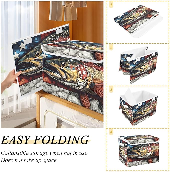 Storage Cube with Lid Trout American Print 16.5×12.6×11.8 IN Collapsible Large Capacity Foldable Storage Basket Bin Organizer