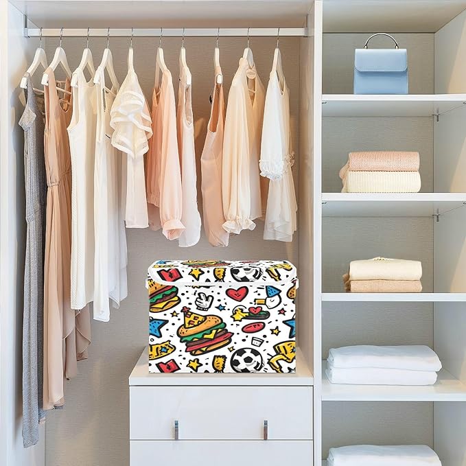 Storage Bins With Lid Stackable Fabric Closet Organizer Clothing Storage Large Boxes For Closet Shelves Bedroom Burger Soccer Heart Eagle Cartoon