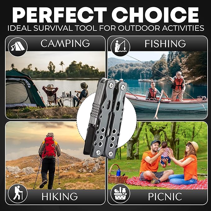 14-In-1 Multitool Pliers Pocket Knife Stainless Steel Great Camping Accessories - Camping Multi Tool Gifts for Men with Portable Belt Holder Nylon Pouch and Safety Locking Survival Tools