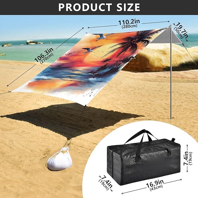 ALAZA Watercolor Beach Palm Tree Beach Tent Sun Shelter UPF50+ Protection Beach Shade Canopy w/ 4 Sandbags for Outdoor Camping Fishing Backyard Fun Picnic 10x9 ft