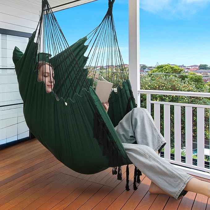 Y- STOP Hammock Chair Hanging Rope Swing Max 500 Lbs 2 Cushions Included Large Macrame Hanging Chair with Pocket for Superior Comfort with Hardware Kit Green