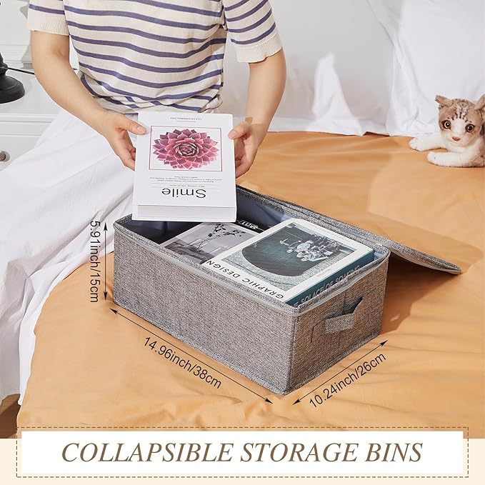 Soaoo 5 Pcs Fabric Storage Bins with Zipper Lids and Handle 15 x 10 x 6'' Rigid Collapsible Washable Wardrobe Storage Boxes Stackable Foldable Closet Organizer Containers Cubes Gray