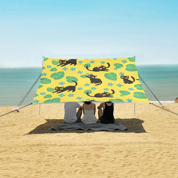 xigua Cat Beach Tent Sun Shelter with Carrying Bag - Silver Coated Oxford Fabric Beach Canopy for Beach Camping Fishing - Includes Windproof Ropes Sandbags &amp Stakes