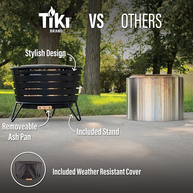 TIKI Patio Smokeless Outdoor Fire Pit 25-Inch Wood-Burning Bonfire with Removable Ash Pan Stand and Weather-Resistant Cover