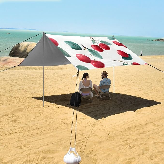 ALAZA Red Cherry Leaves Pattern Beach Tent Sun Shelter Portable Canopy Sunshade for Outdoor Camping Picnics Backyard Fun 10x9 ft