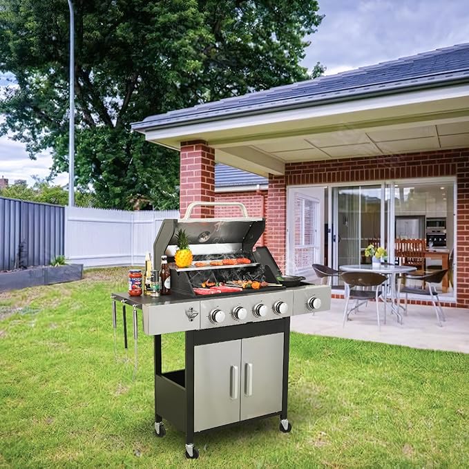 4 Burner Propane Gas Grill with Side Burner &amp Porcelain-Enameled Cast Iron Grates &amp Grids 46790BTU Output Stainless Steel BBQ Grill for Outdoor Cooking Camping Barbecue Grill for Patio