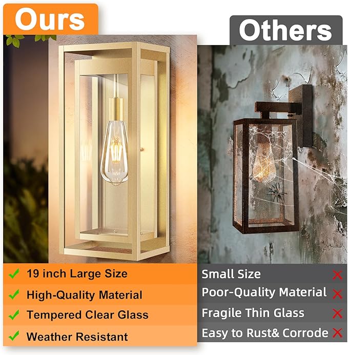 Large Outdoor Wall Sconce 2 Pack 19 Gold Outdoor Light Fixture Exterior Lighting Fixtures Anti-Rust Porch Lights with Clear Glass for Front Door Garage