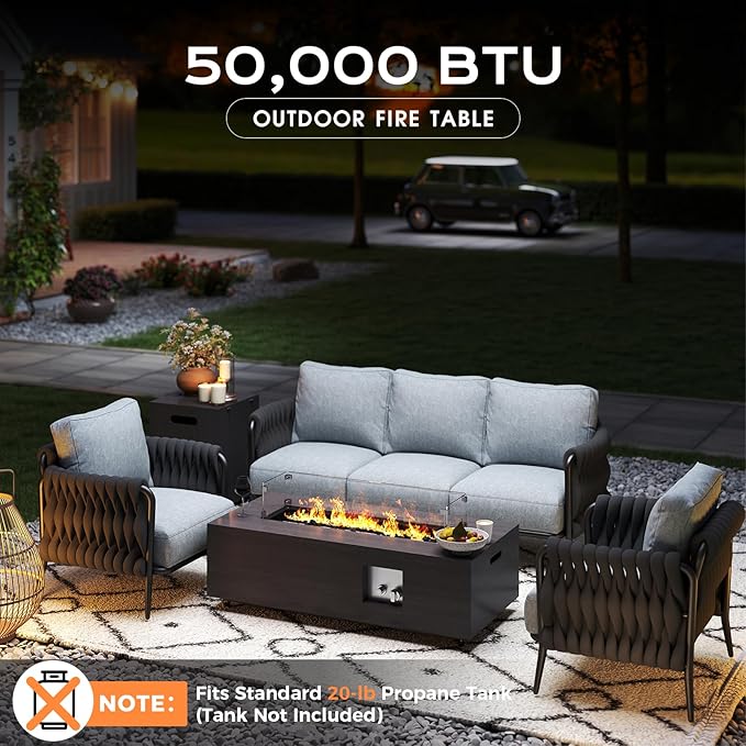 Fire Pit Table 50000 BTU 42 Rectangular Propane Fire Pit Outdoor with Wind Guard Glass Lid Rocks and Cover Gas Fireplace for Deck or Patio