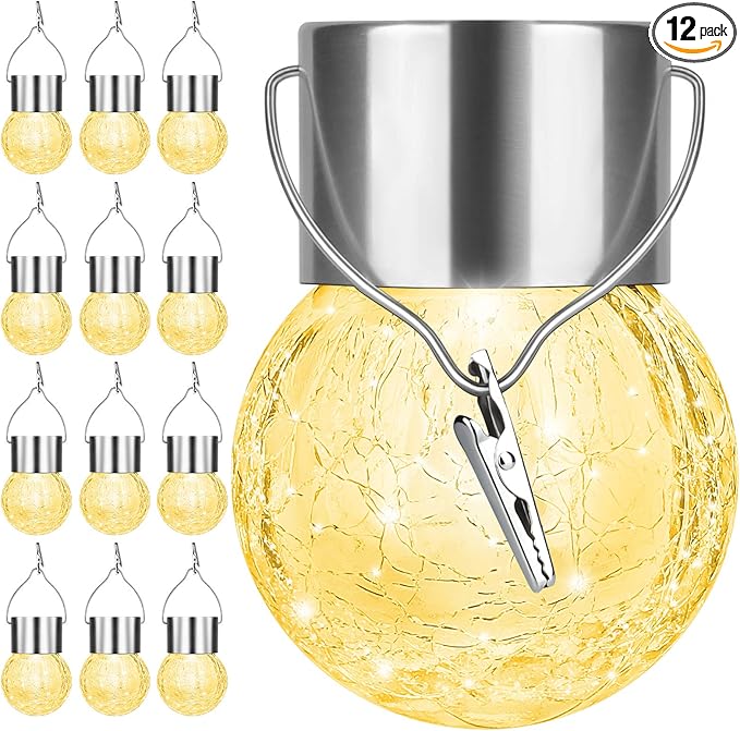 12Pack Hanging Outdoor Solar Lights - Decorative Cracked Glass LED Ball Lights Waterproof Tree Solar Powered Globe Lights with Handle for Garden Yard Patio Fence Christmas Decoration Warm White