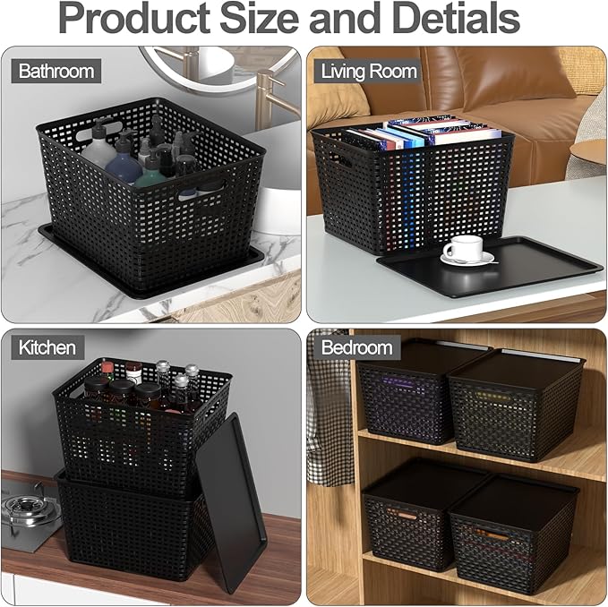 6-Pack Plastic Storage Baskets with Lid Lidded Storage Organizer Bin Black