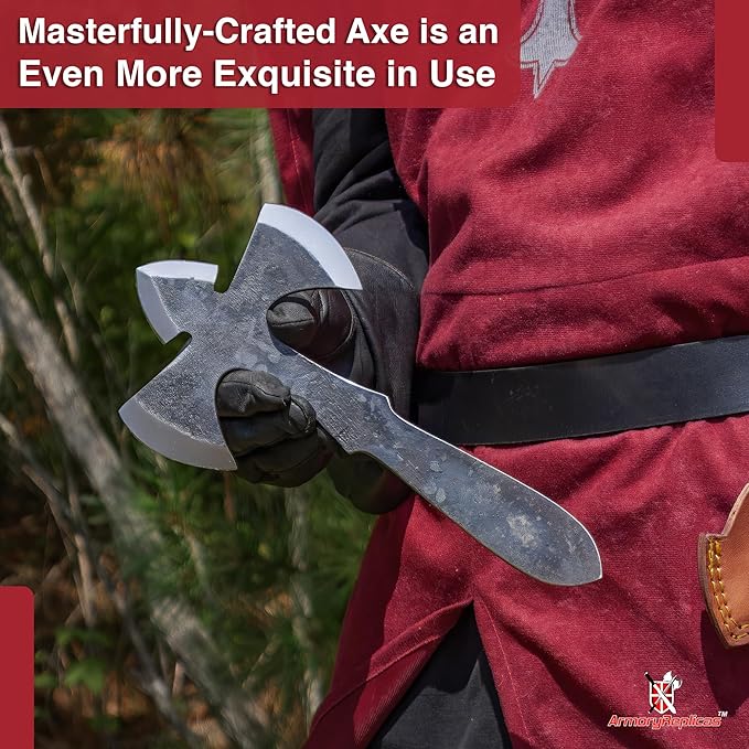Armory Replicas™ Grip Analysis Full Tang Forged High Carbon Steel Triple Edge Outdoor Viking Inspired Throwing Axe w/Genuine Leather Sheath.