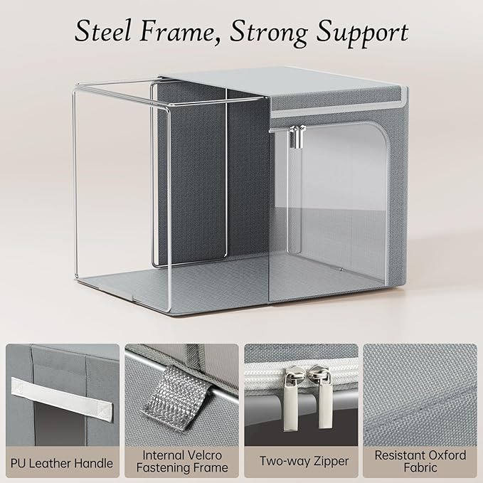 Yecaye Clothes Storage Bins with Metal Frame 40L Foldable Clothing Storage Bins with Lid Stackable Zippered Clothes Storage Bags Oxford Fabric Organizer Box With Clear Window＆ PU Leather Handles