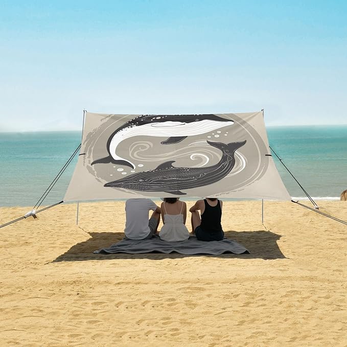 ALAZA Whale Tai Chi Beach Tent Sun Shelter UPF50+ Protection Beach Shade Canopy w/ 4 Sandbags for Outdoor Camping Fishing Backyard Fun Picnic 10x9 ft