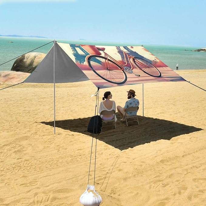 Beach Canopy with Windproof Ropes &amp Sandbags Beach Tent Sun Shade Sun Shelter for Camping Trips Fishing Backyard Fun or Picnics Eiffel Tower