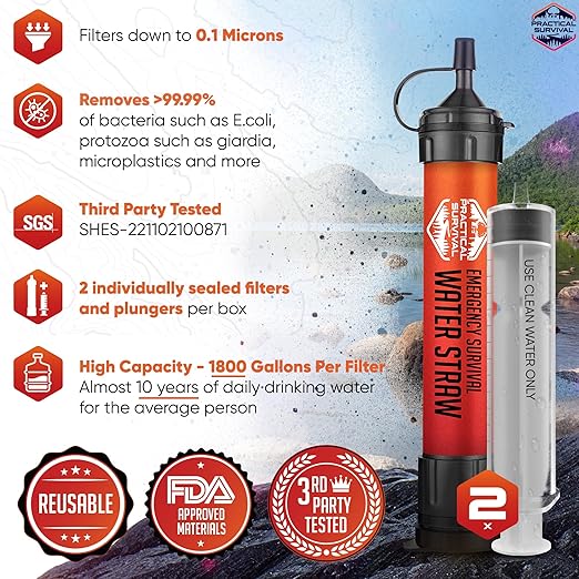 2 High-Capacity Emergency Water Straws – Lightweight Reusable 1800-Gallon Filters for Camping Hiking Travel Biking Survival and Emergencies. No Expiration Date Perfect for Preparedness